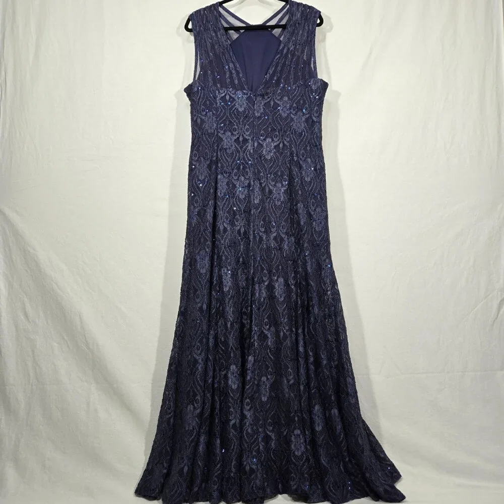 R & M Richards Mother Of The Bride BLUE Sequined Lace Sheer Formal Dress Size 16 - Picture 3 of 17